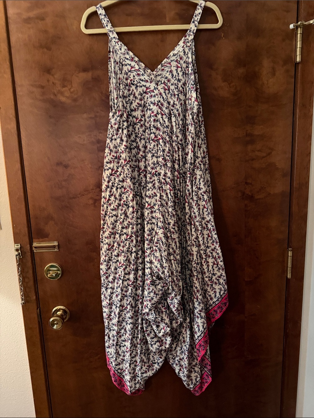 En Creme White Floral Spaghetti-Strap Jumpsuit with Pink Trim